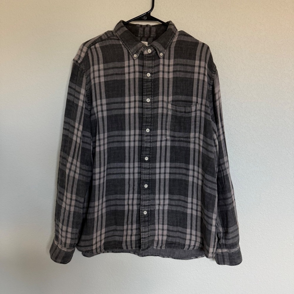 Faherty Brand Mens XL Indigo Dyed Plaid Flannel Button Down Shirt Charcoal Grey
